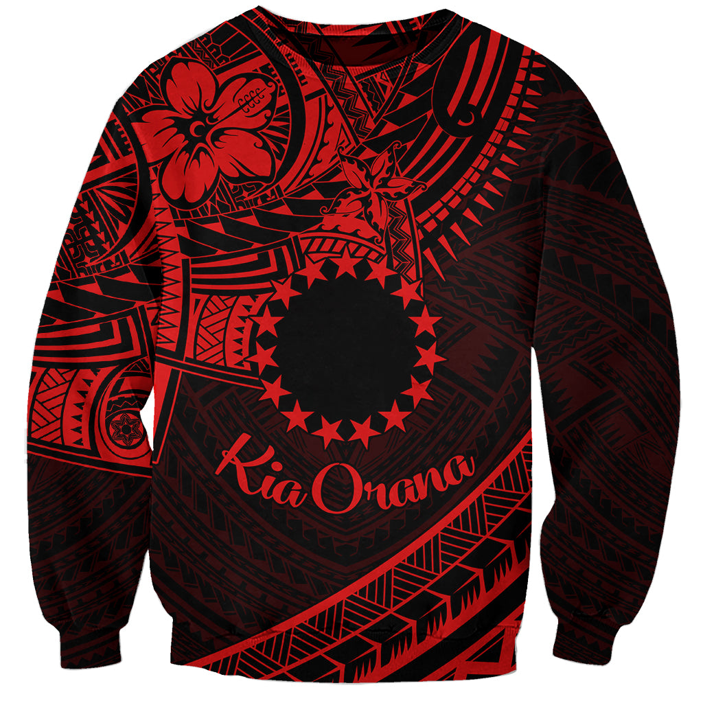 Kia Orana Cook Islands Sweatshirt Circle Stars With Floral Red Pattern LT01 Unisex Red - Polynesian Pride