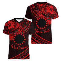 Kia Orana Cook Islands Women V Neck T Shirt Circle Stars With Floral Red Pattern LT01 - Polynesian Pride