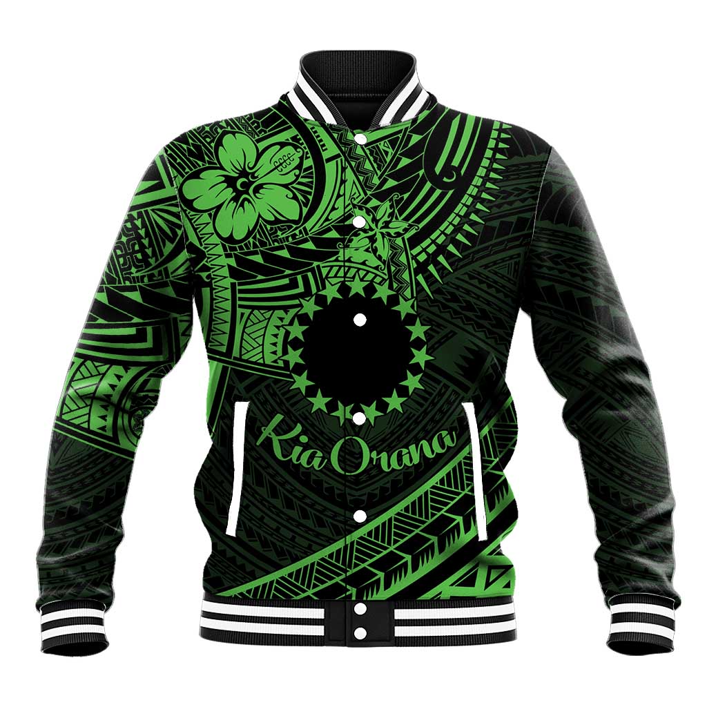 Kia Orana Cook Islands Baseball Jacket Circle Stars With Floral Green Pattern LT01