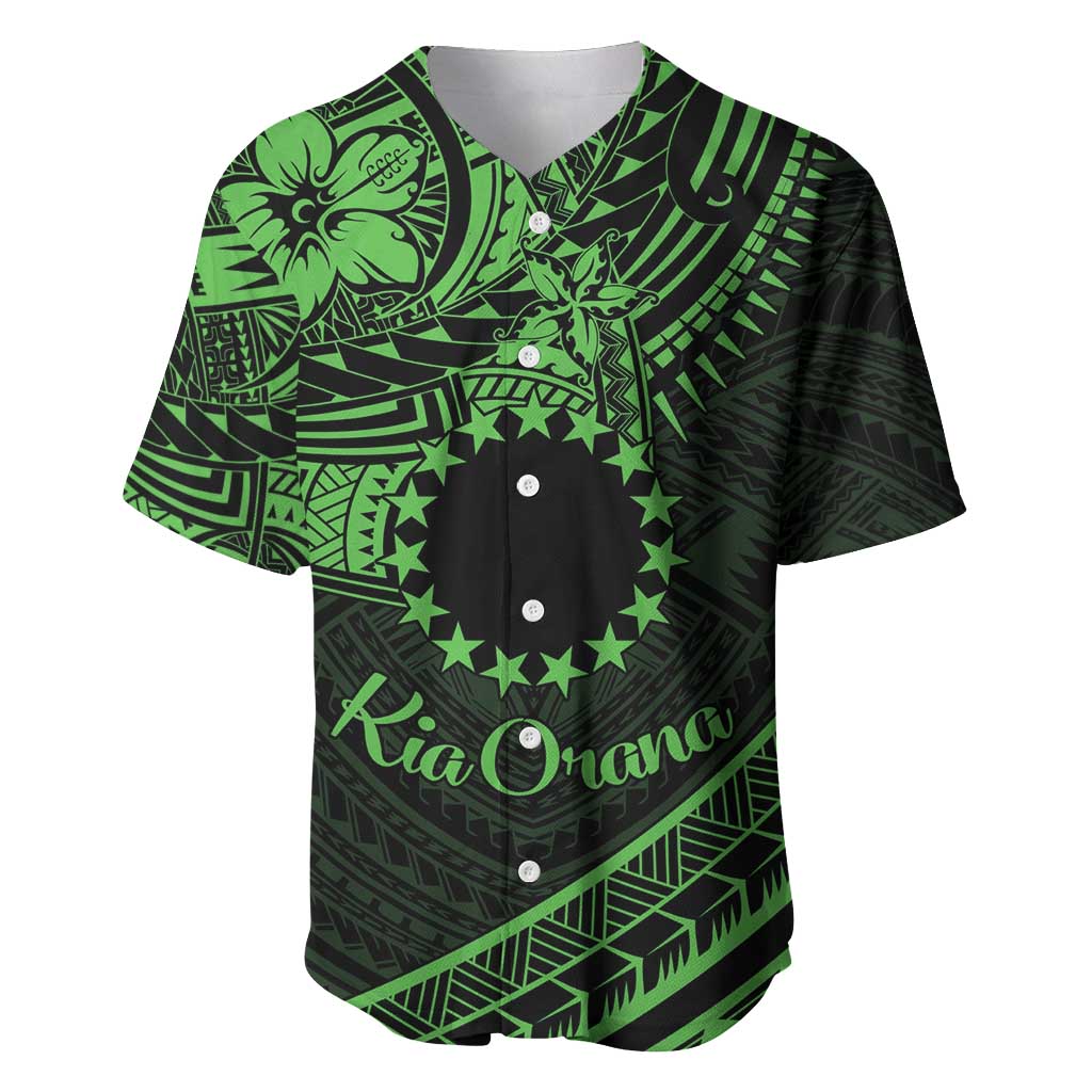 Kia Orana Cook Islands Baseball Jersey Circle Stars With Floral Green Pattern LT01