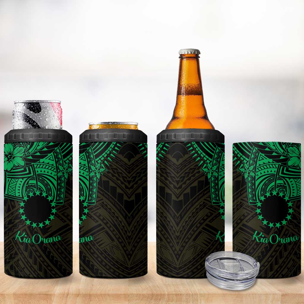 Kia Orana Cook Islands 4 in 1 Can Cooler Tumbler Circle Stars With Floral Green Pattern