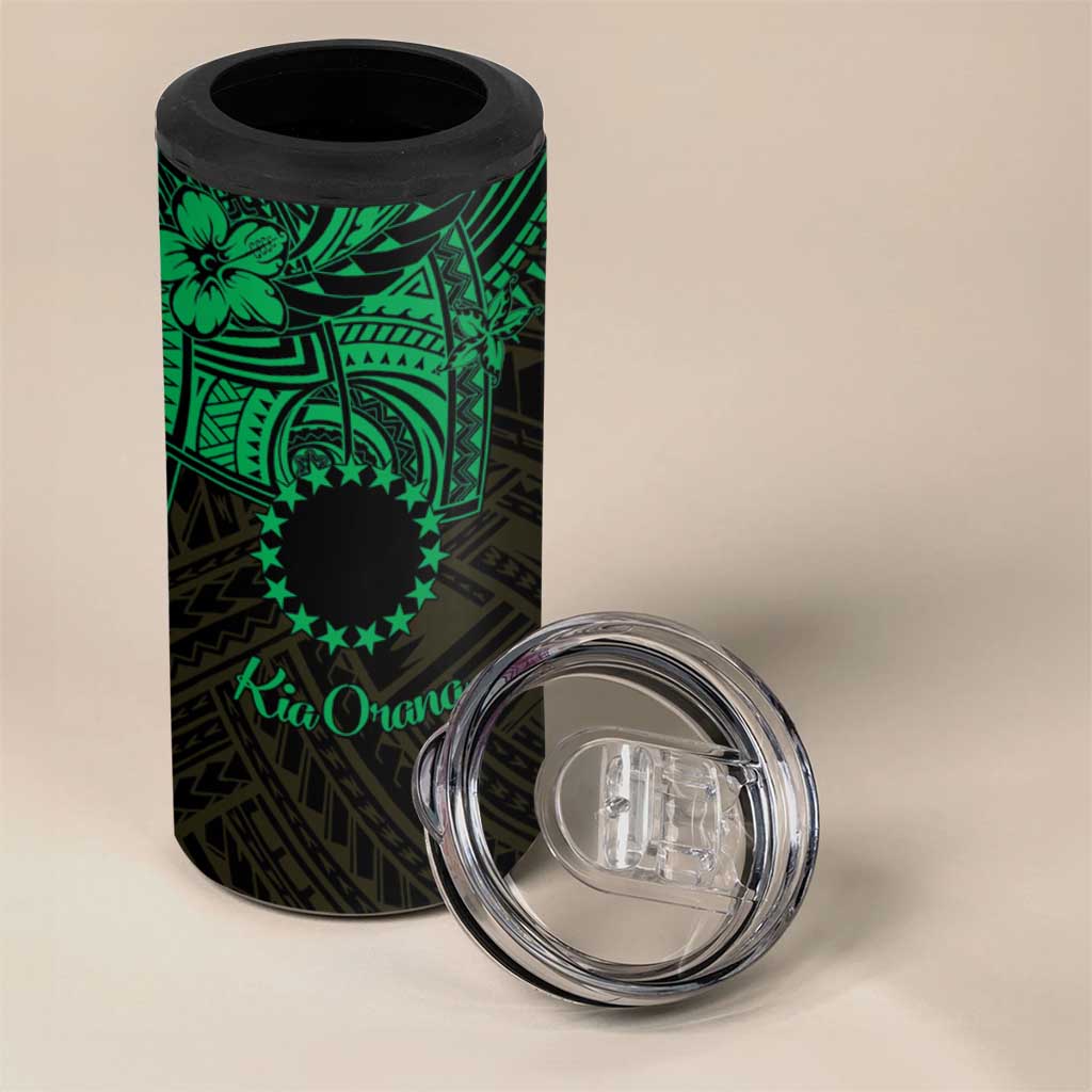 Kia Orana Cook Islands 4 in 1 Can Cooler Tumbler Circle Stars With Floral Green Pattern