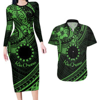 Kia Orana Cook Islands Couples Matching Long Sleeve Bodycon Dress and Hawaiian Shirt Circle Stars With Floral Green Pattern LT01