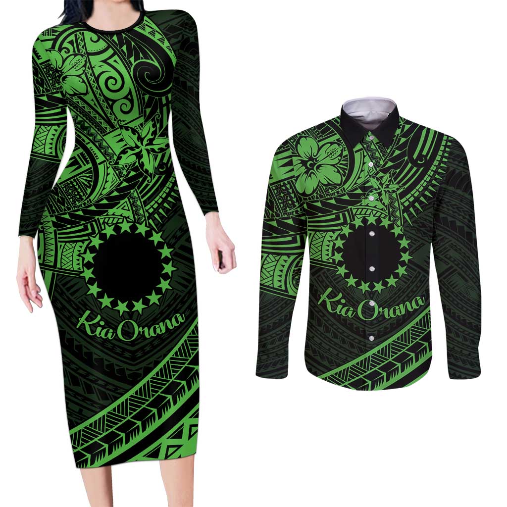 Kia Orana Cook Islands Couples Matching Long Sleeve Bodycon Dress and Long Sleeve Button Shirt Circle Stars With Floral Green Pattern LT01