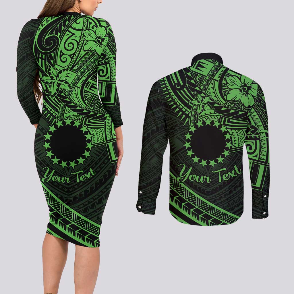 Kia Orana Cook Islands Couples Matching Long Sleeve Bodycon Dress and Long Sleeve Button Shirt Circle Stars With Floral Green Pattern LT01