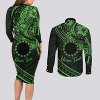 Kia Orana Cook Islands Couples Matching Long Sleeve Bodycon Dress and Long Sleeve Button Shirt Circle Stars With Floral Green Pattern LT01