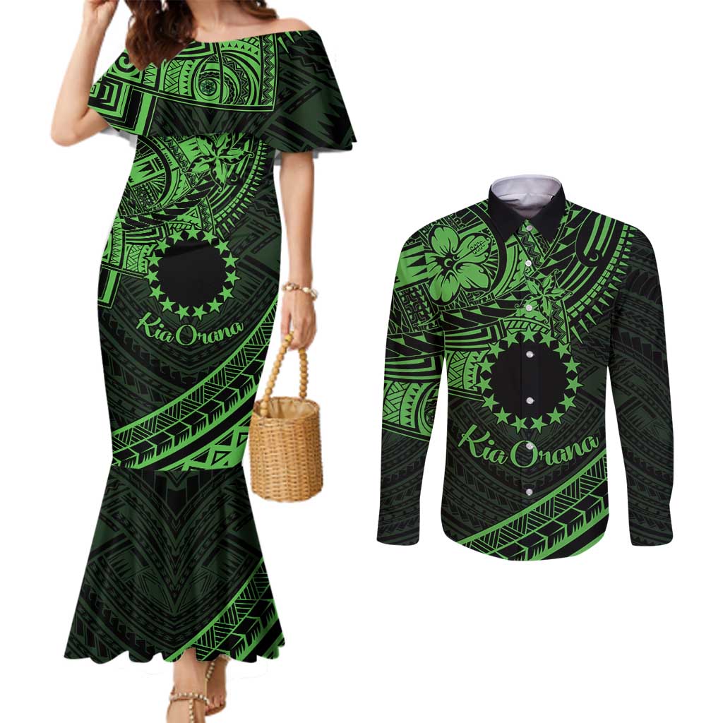 Kia Orana Cook Islands Couples Matching Mermaid Dress and Long Sleeve Button Shirt Circle Stars With Floral Green Pattern LT01