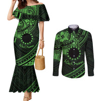 Kia Orana Cook Islands Couples Matching Mermaid Dress and Long Sleeve Button Shirt Circle Stars With Floral Green Pattern LT01