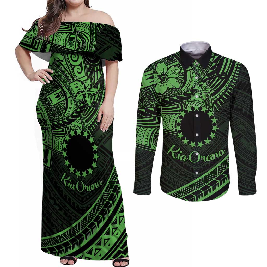 Kia Orana Cook Islands Couples Matching Off Shoulder Maxi Dress and Long Sleeve Button Shirt Circle Stars With Floral Green Pattern LT01