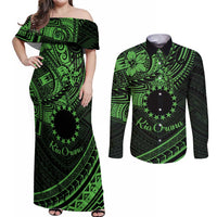 Kia Orana Cook Islands Couples Matching Off Shoulder Maxi Dress and Long Sleeve Button Shirt Circle Stars With Floral Green Pattern LT01