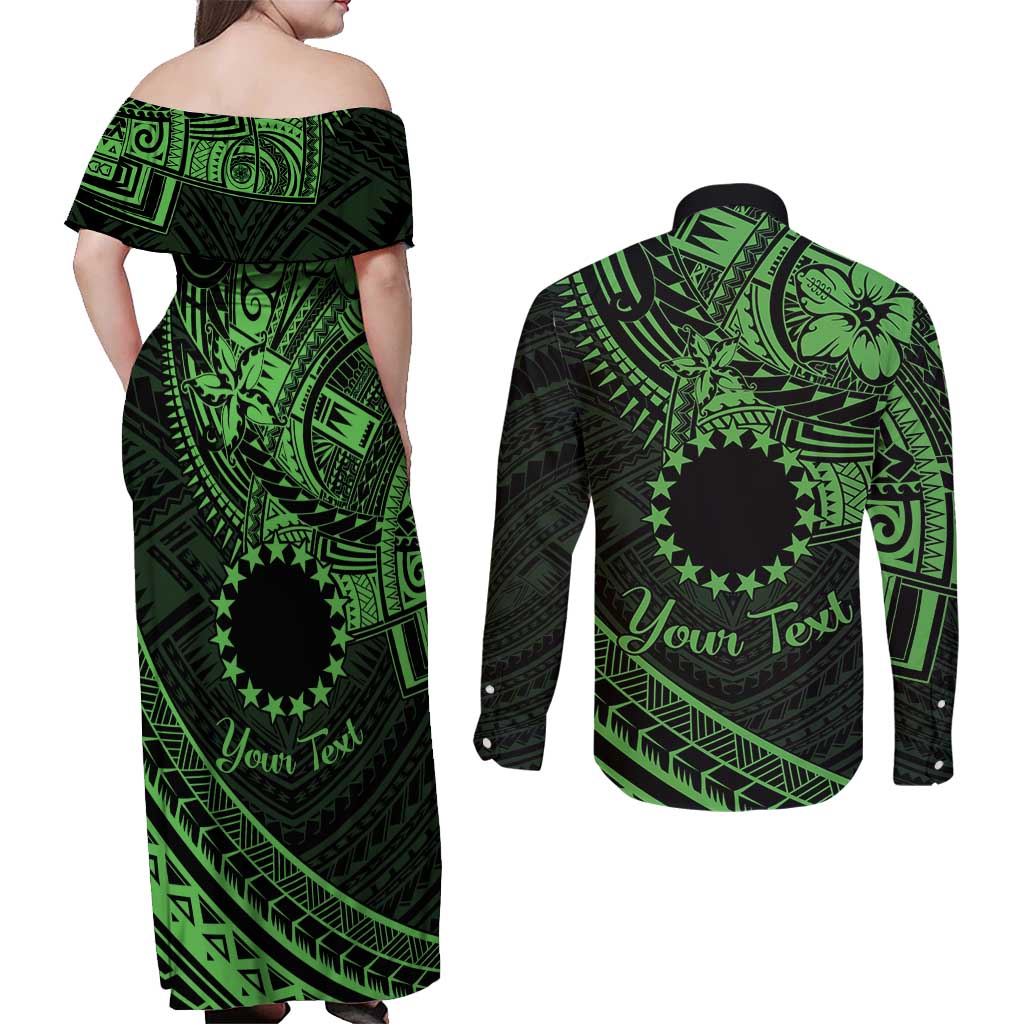 Kia Orana Cook Islands Couples Matching Off Shoulder Maxi Dress and Long Sleeve Button Shirt Circle Stars With Floral Green Pattern LT01