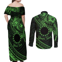 Kia Orana Cook Islands Couples Matching Off Shoulder Maxi Dress and Long Sleeve Button Shirt Circle Stars With Floral Green Pattern LT01