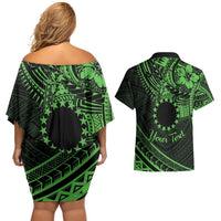 Kia Orana Cook Islands Couples Matching Off Shoulder Short Dress and Hawaiian Shirt Circle Stars With Floral Green Pattern LT01