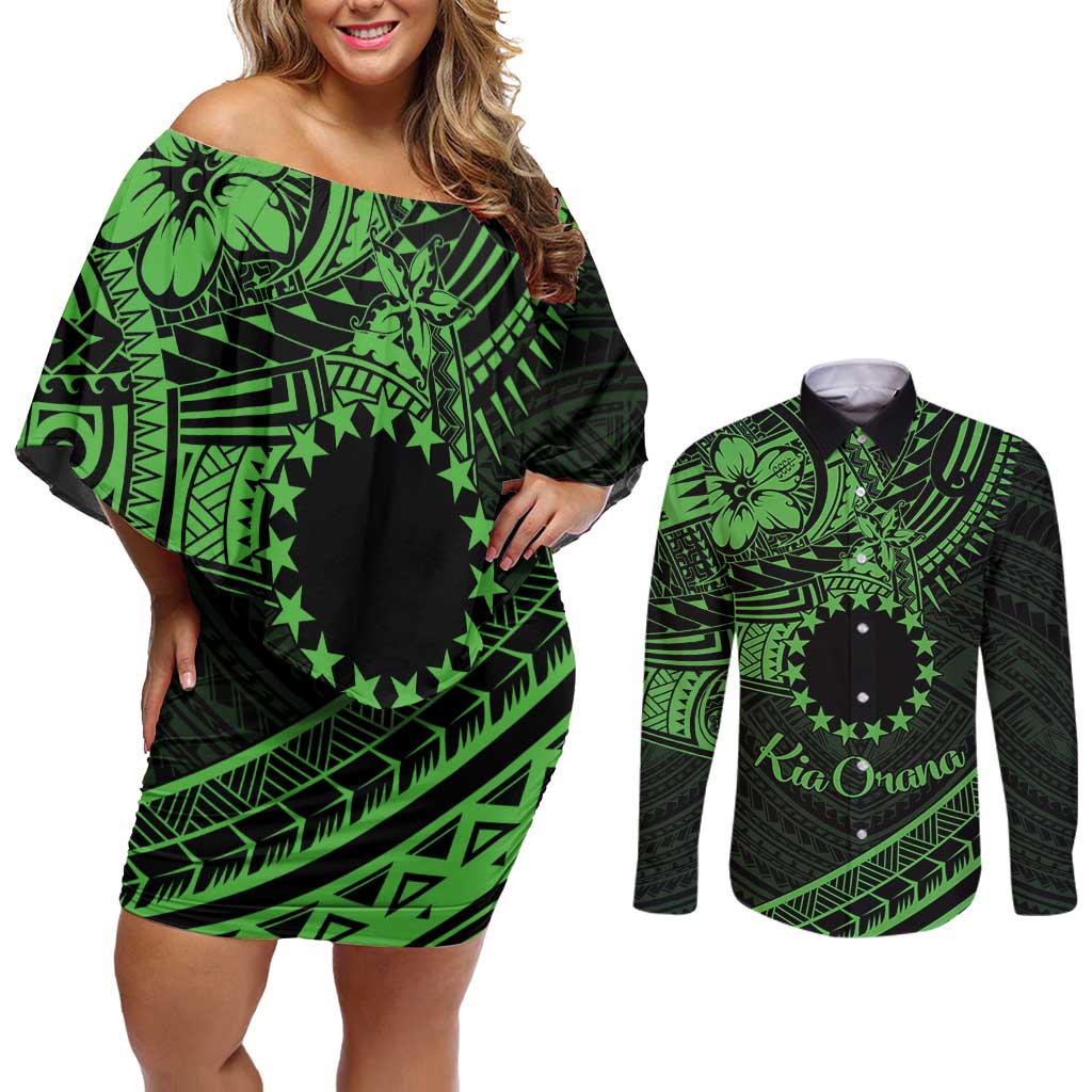 Kia Orana Cook Islands Couples Matching Off Shoulder Short Dress and Long Sleeve Button Shirt Circle Stars With Floral Green Pattern LT01