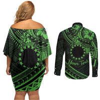 Kia Orana Cook Islands Couples Matching Off Shoulder Short Dress and Long Sleeve Button Shirt Circle Stars With Floral Green Pattern LT01