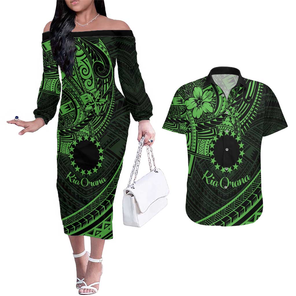 Kia Orana Cook Islands Couples Matching Off The Shoulder Long Sleeve Dress and Hawaiian Shirt Circle Stars With Floral Green Pattern LT01