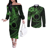 Kia Orana Cook Islands Couples Matching Off The Shoulder Long Sleeve Dress and Long Sleeve Button Shirt Circle Stars With Floral Green Pattern LT01