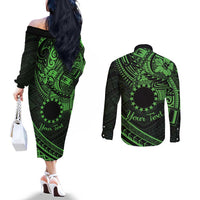 Kia Orana Cook Islands Couples Matching Off The Shoulder Long Sleeve Dress and Long Sleeve Button Shirt Circle Stars With Floral Green Pattern LT01