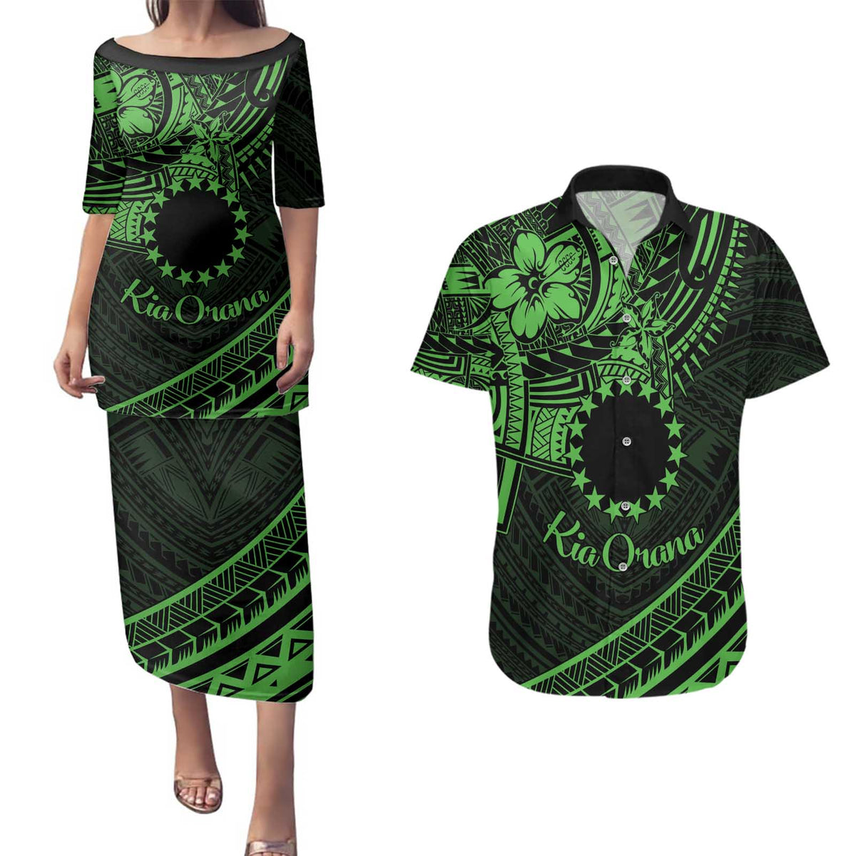 Kia Orana Cook Islands Couples Matching Puletasi Dress and Hawaiian Shirt Circle Stars With Floral Green Pattern LT01
