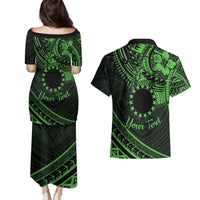 Kia Orana Cook Islands Couples Matching Puletasi Dress and Hawaiian Shirt Circle Stars With Floral Green Pattern LT01
