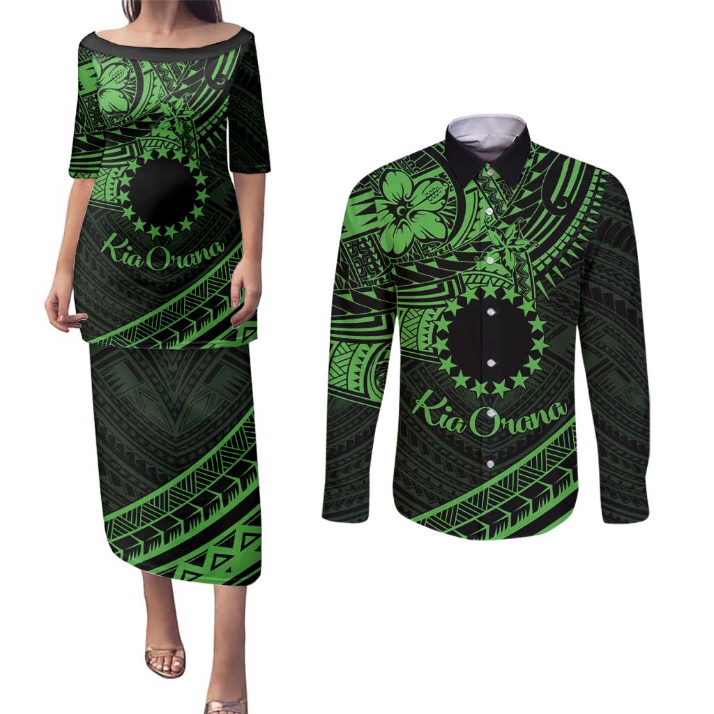 Kia Orana Cook Islands Couples Matching Puletasi Dress and Long Sleeve Button Shirt Circle Stars With Floral Green Pattern LT01