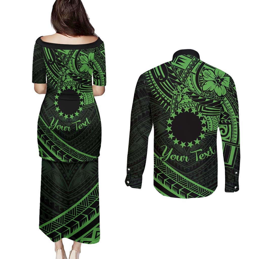 Kia Orana Cook Islands Couples Matching Puletasi Dress and Long Sleeve Button Shirt Circle Stars With Floral Green Pattern LT01