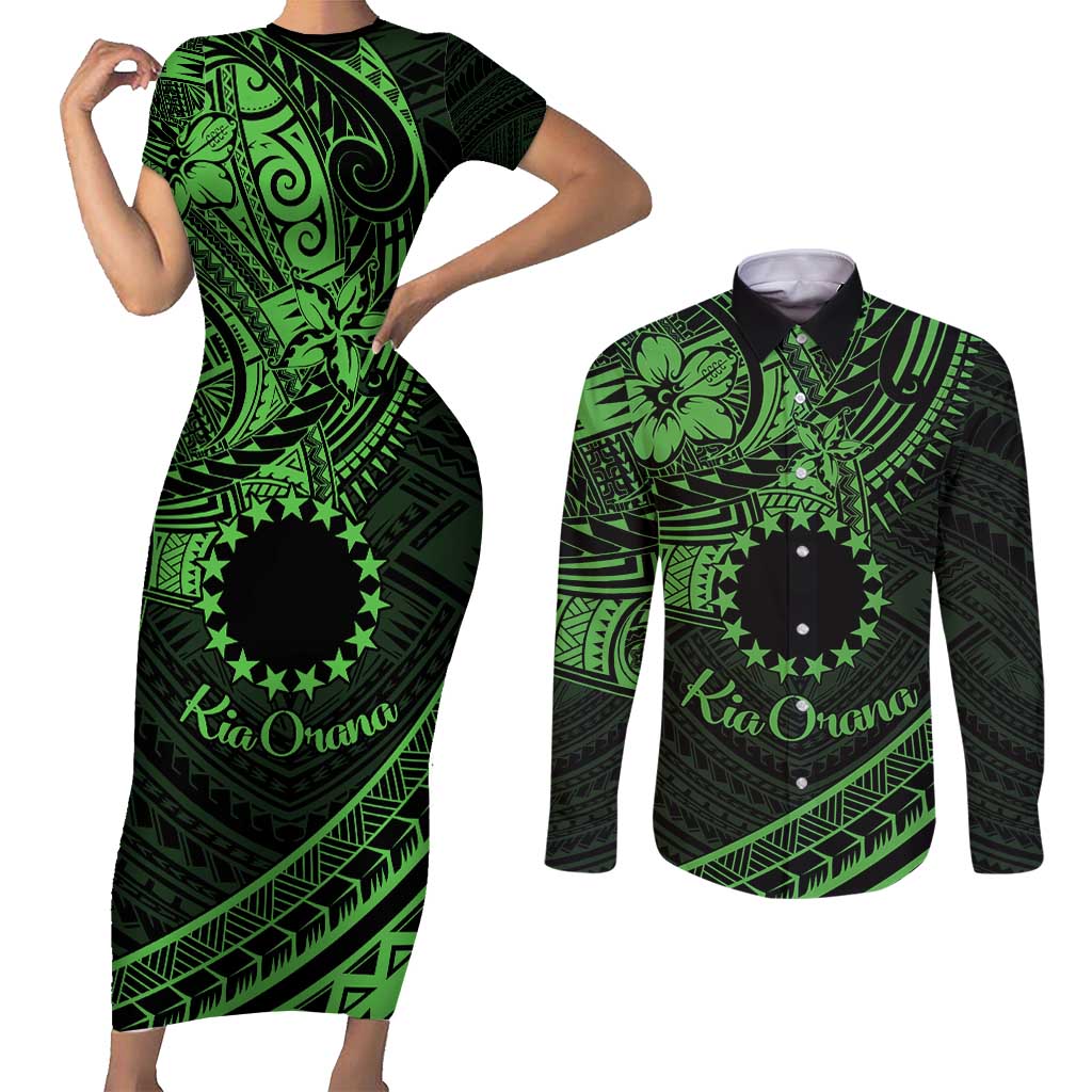 Kia Orana Cook Islands Couples Matching Short Sleeve Bodycon Dress and Long Sleeve Button Shirt Circle Stars With Floral Green Pattern LT01
