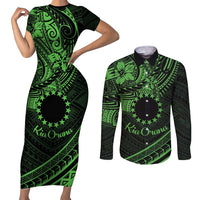 Kia Orana Cook Islands Couples Matching Short Sleeve Bodycon Dress and Long Sleeve Button Shirt Circle Stars With Floral Green Pattern LT01