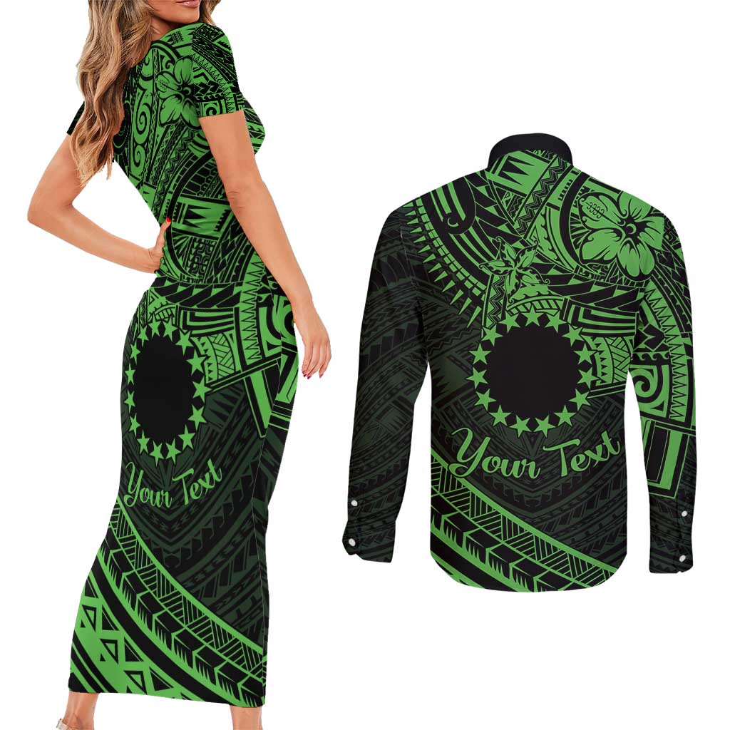 Kia Orana Cook Islands Couples Matching Short Sleeve Bodycon Dress and Long Sleeve Button Shirt Circle Stars With Floral Green Pattern LT01