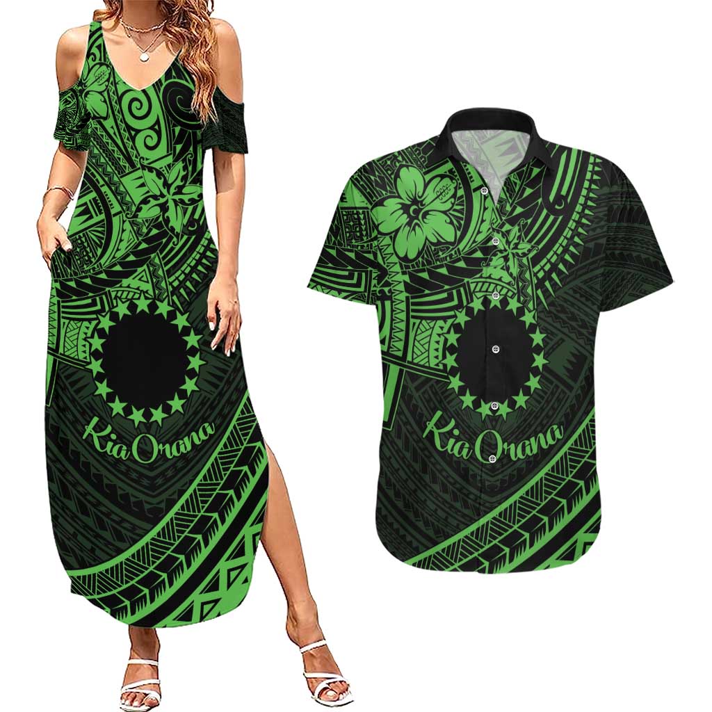 Kia Orana Cook Islands Couples Matching Summer Maxi Dress and Hawaiian Shirt Circle Stars With Floral Green Pattern LT01
