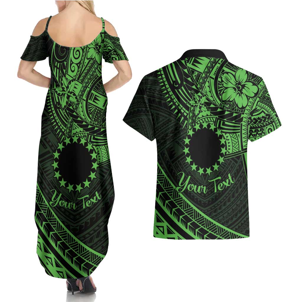Kia Orana Cook Islands Couples Matching Summer Maxi Dress and Hawaiian Shirt Circle Stars With Floral Green Pattern LT01