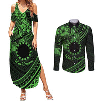 Kia Orana Cook Islands Couples Matching Summer Maxi Dress and Long Sleeve Button Shirt Circle Stars With Floral Green Pattern LT01