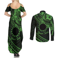 Kia Orana Cook Islands Couples Matching Summer Maxi Dress and Long Sleeve Button Shirt Circle Stars With Floral Green Pattern LT01