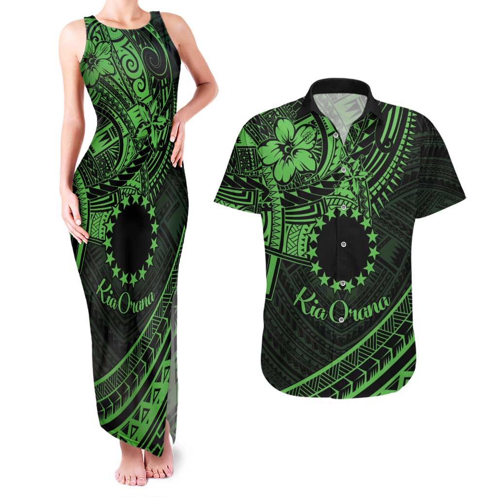 Kia Orana Cook Islands Couples Matching Tank Maxi Dress and Hawaiian Shirt Circle Stars With Floral Green Pattern LT01