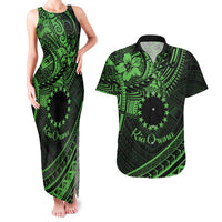 Kia Orana Cook Islands Couples Matching Tank Maxi Dress and Hawaiian Shirt Circle Stars With Floral Green Pattern LT01