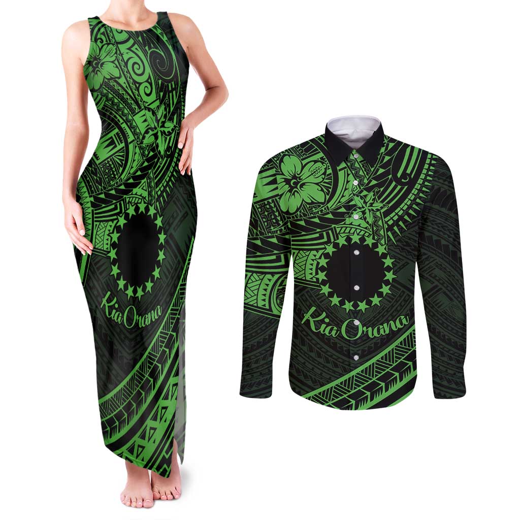 Kia Orana Cook Islands Couples Matching Tank Maxi Dress and Long Sleeve Button Shirt Circle Stars With Floral Green Pattern LT01