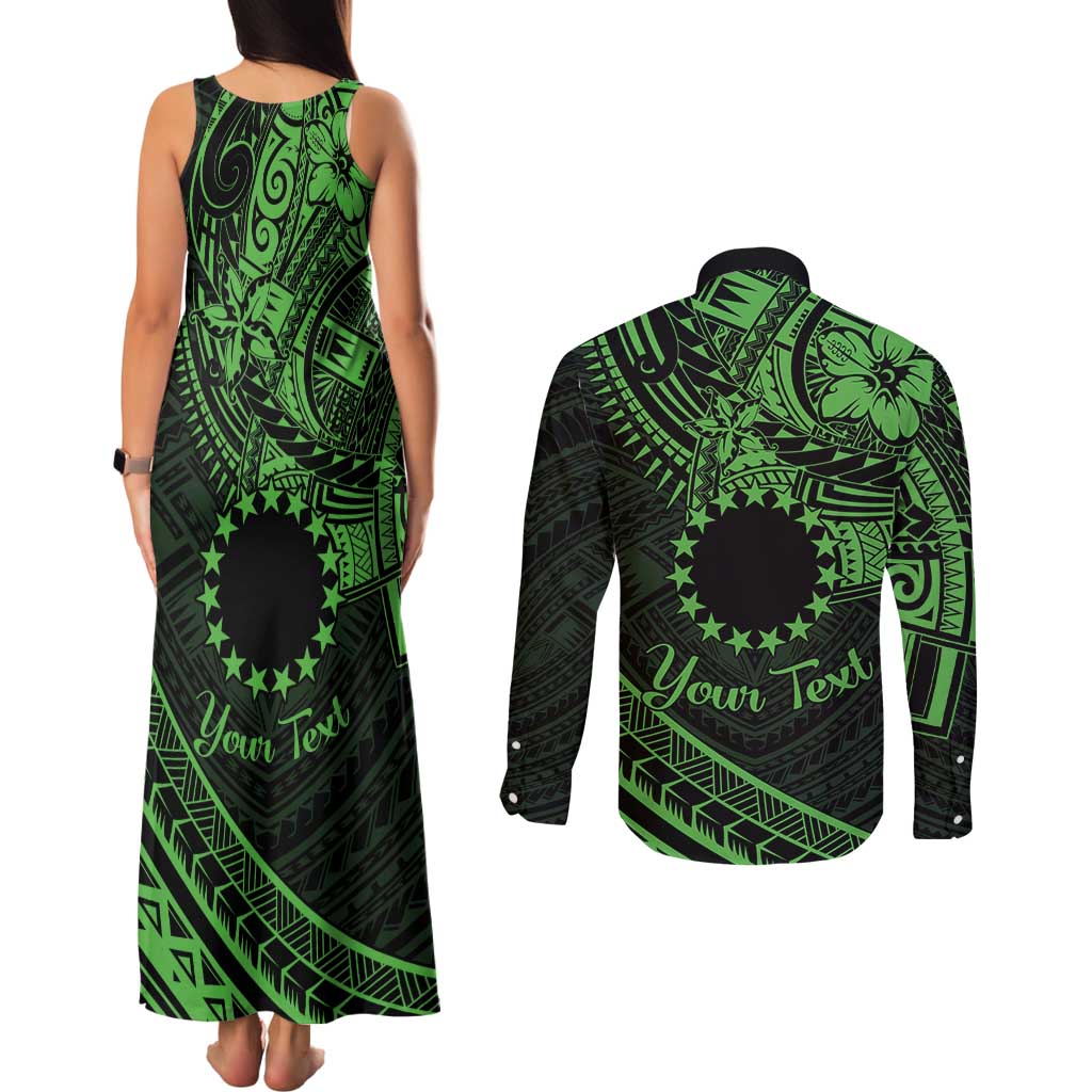 Kia Orana Cook Islands Couples Matching Tank Maxi Dress and Long Sleeve Button Shirt Circle Stars With Floral Green Pattern LT01