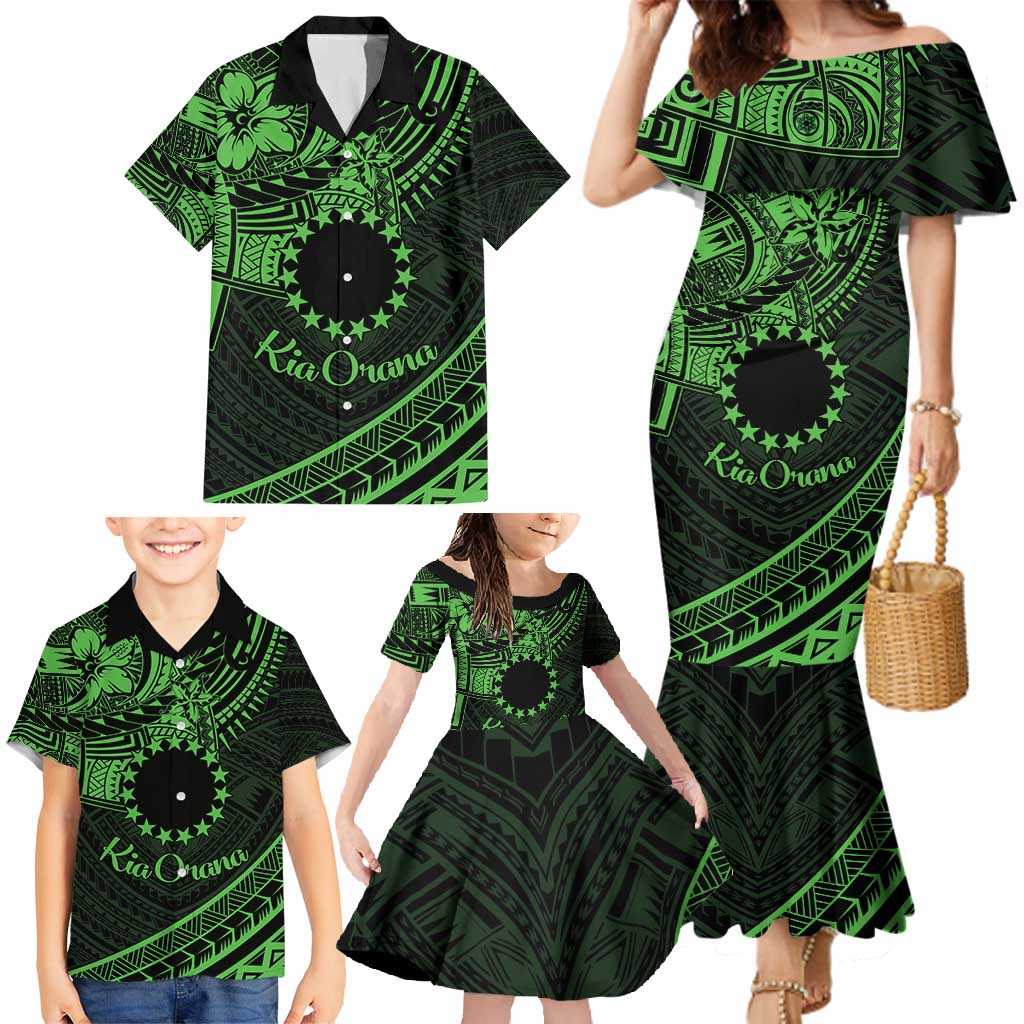 Kia Orana Cook Islands Family Matching Mermaid Dress and Hawaiian Shirt Circle Stars With Floral Green Pattern LT01