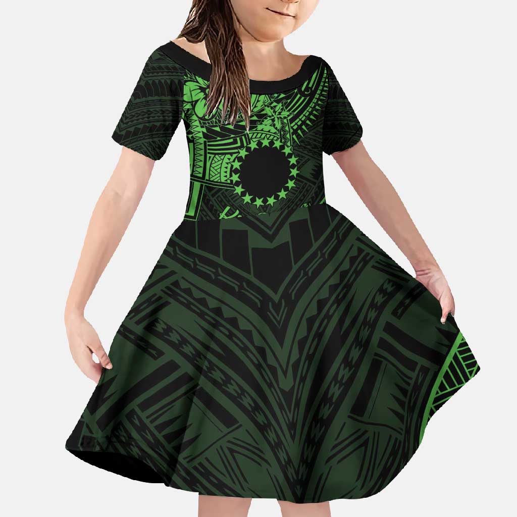 Kia Orana Cook Islands Family Matching Off Shoulder Maxi Dress and Hawaiian Shirt Circle Stars With Floral Green Pattern LT01