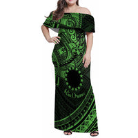 Kia Orana Cook Islands Family Matching Off Shoulder Maxi Dress and Hawaiian Shirt Circle Stars With Floral Green Pattern LT01