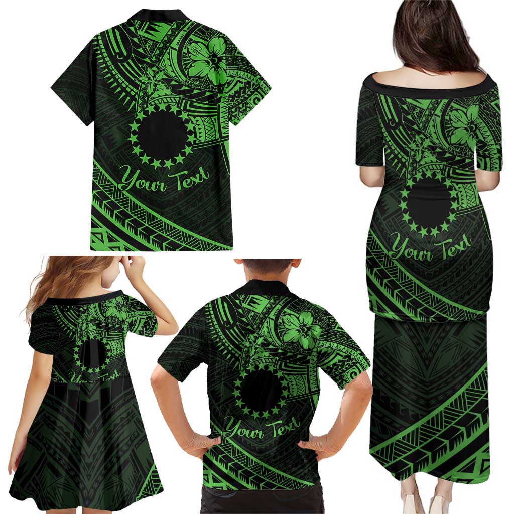 Kia Orana Cook Islands Family Matching Puletasi Dress and Hawaiian Shirt Circle Stars With Floral Green Pattern LT01