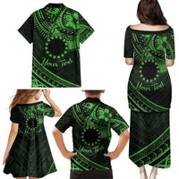 Kia Orana Cook Islands Family Matching Puletasi Dress and Hawaiian Shirt Circle Stars With Floral Green Pattern LT01