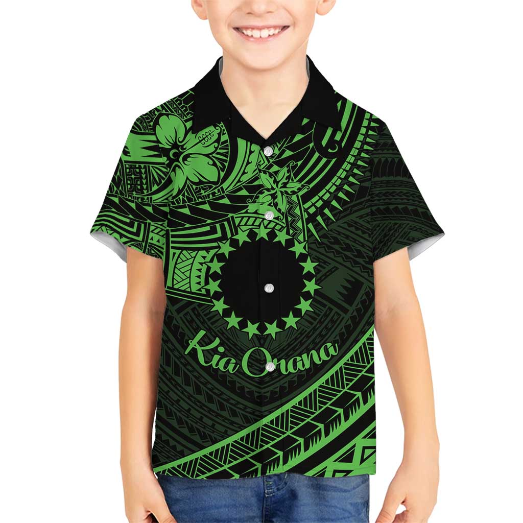 Kia Orana Cook Islands Family Matching Tank Maxi Dress and Hawaiian Shirt Circle Stars With Floral Green Pattern LT01