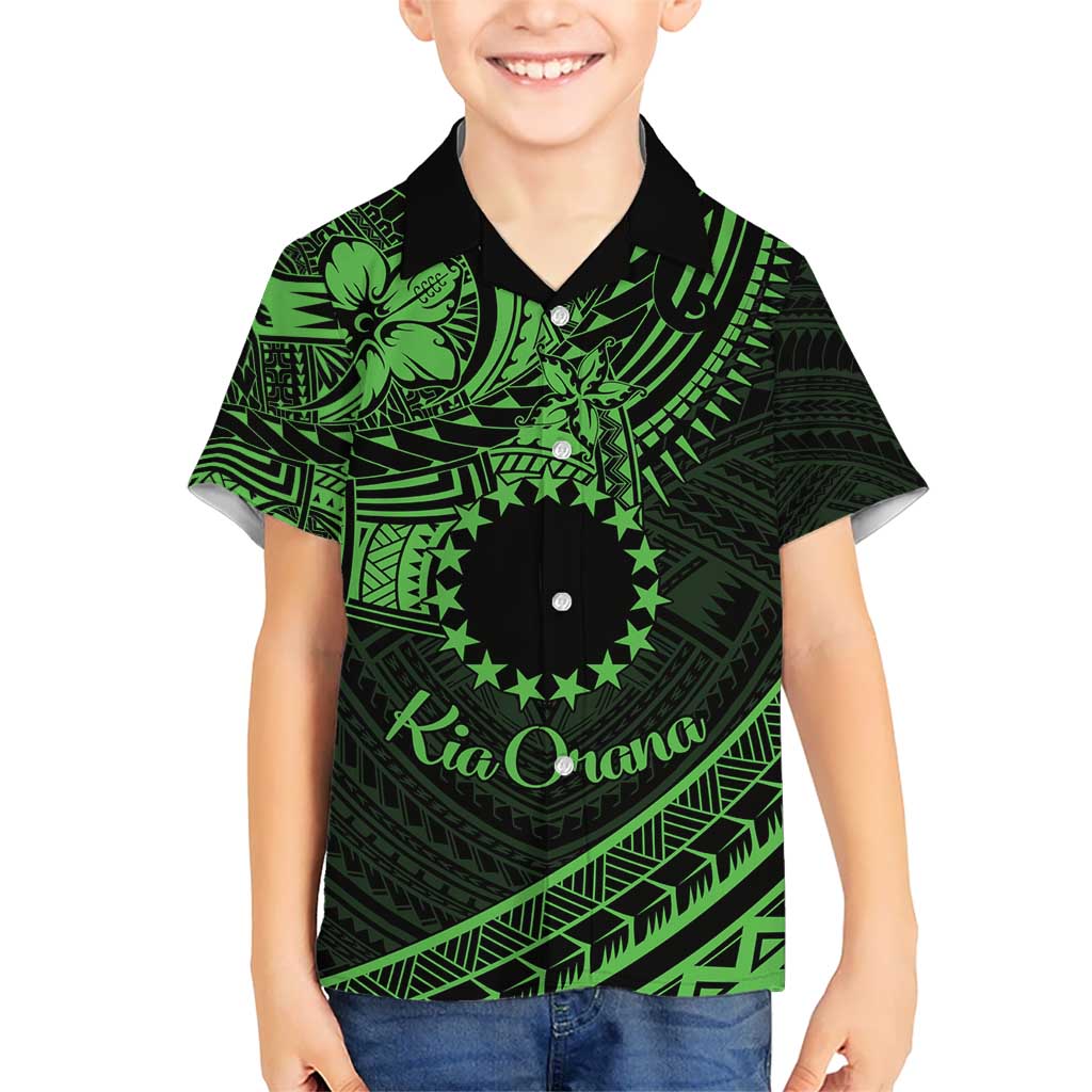 Kia Orana Cook Islands Kid Hawaiian Shirt Circle Stars With Floral Green Pattern LT01