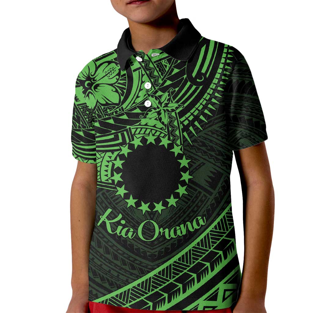 Kia Orana Cook Islands Kid Polo Shirt Circle Stars With Floral Green Pattern LT01