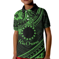 Kia Orana Cook Islands Kid Polo Shirt Circle Stars With Floral Green Pattern LT01