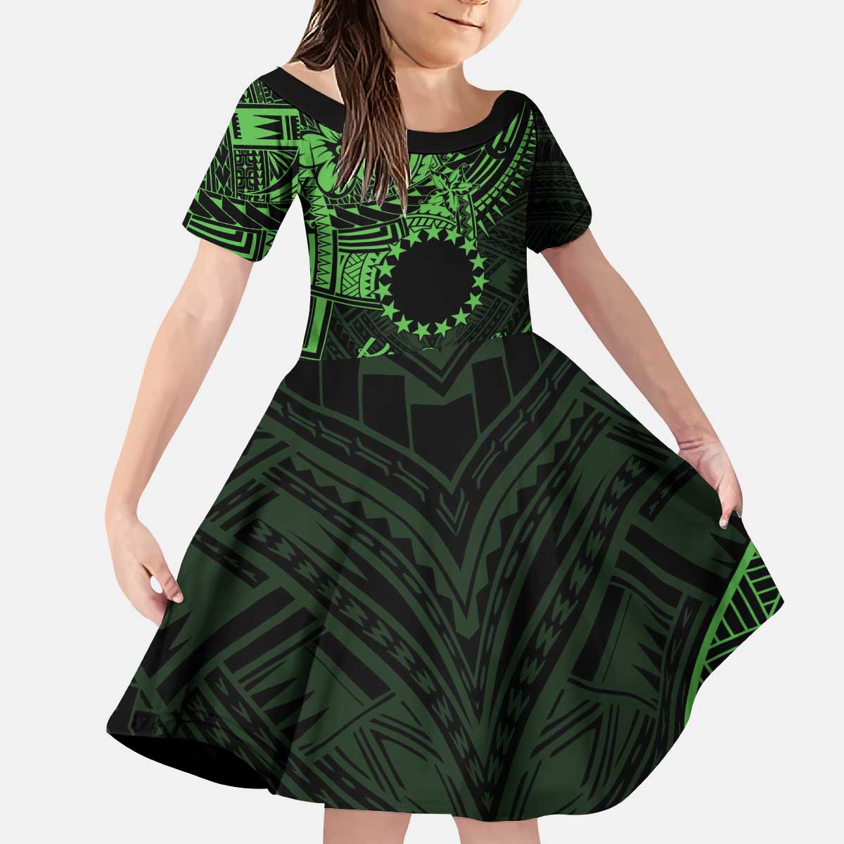 Kia Orana Cook Islands Kid Short Sleeve Dress Circle Stars With Floral Green Pattern LT01