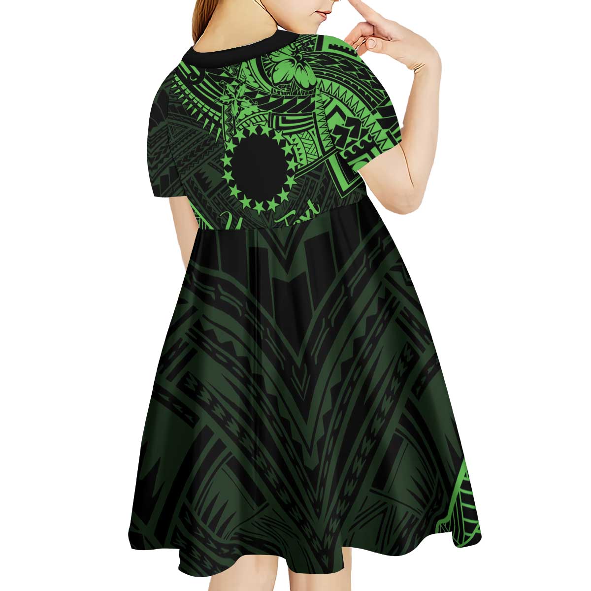 Kia Orana Cook Islands Kid Short Sleeve Dress Circle Stars With Floral Green Pattern LT01