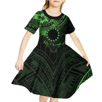 Kia Orana Cook Islands Kid Short Sleeve Dress Circle Stars With Floral Green Pattern LT01