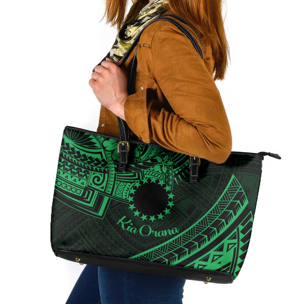 Kia Orana Cook Islands Leather Tote Bag Circle Stars With Floral Green Pattern LT01